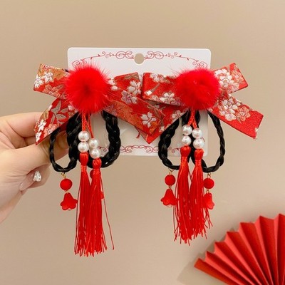 Rote Hanfu Haarspangen mit Zöpfen & Quasten - Chinesische Mädchen traditioneller Stil