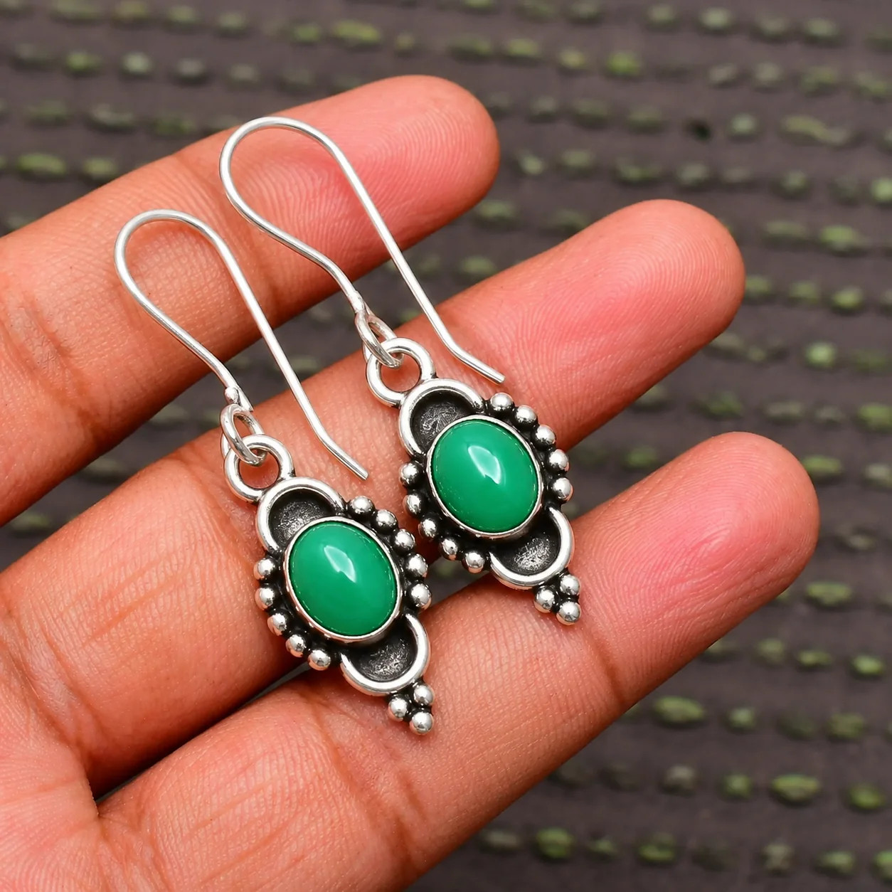 Natural Chrysoprase 925 Sterling Silver Cluster Stud Earrings Round Handmade
