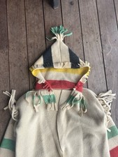 Vintage 1940s Hudson Bay Handmade wool blanket coat with hood and fringe
