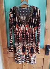 qed London orange & black vintage Y2K stretch bodycon dress M 12 14 tribal print