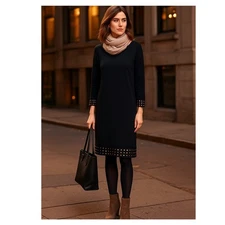Marks & Spencer Portfolio BlackStudded A-Line Dress US 14 ¾ Sleeve Career Party