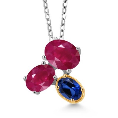 925 Silver and 10K Yellow Gold Ruby and Created Sapphire Pendant Necklace For