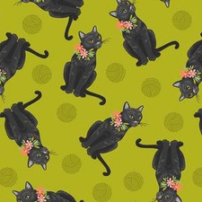Feline Drive Fabric CURIOUS KITTYCATS Tossed Cats Lime - Sold by the Yard
