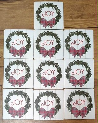Christmas  Coaster Set of 10 Holiday - Joy with Wreath Red Plaid Bow