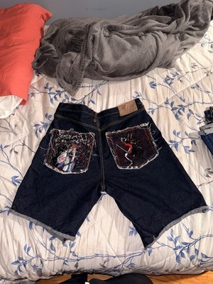Red monkey Men's Denim Shorts Dark Blue Embroidered Patch Pockets Frayed Accents