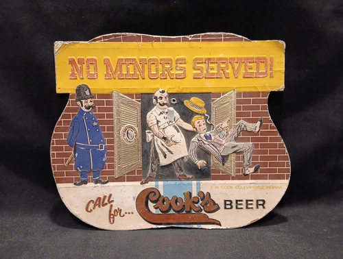 Vintage Cooks COOK'S BEER NO MINORS SERVED Sign Metal Foil Evansville Indiana