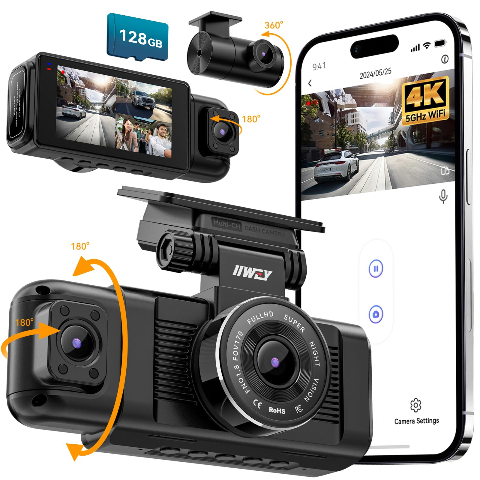 N7 3-Channel Dash Cam 3K Front Rear Inside with 128GB SD Card Included