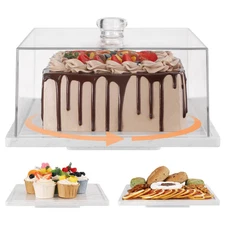 Rotatable Square Cake Stand with Dome，Marble Dessert Holder with Acrylic Lid，...