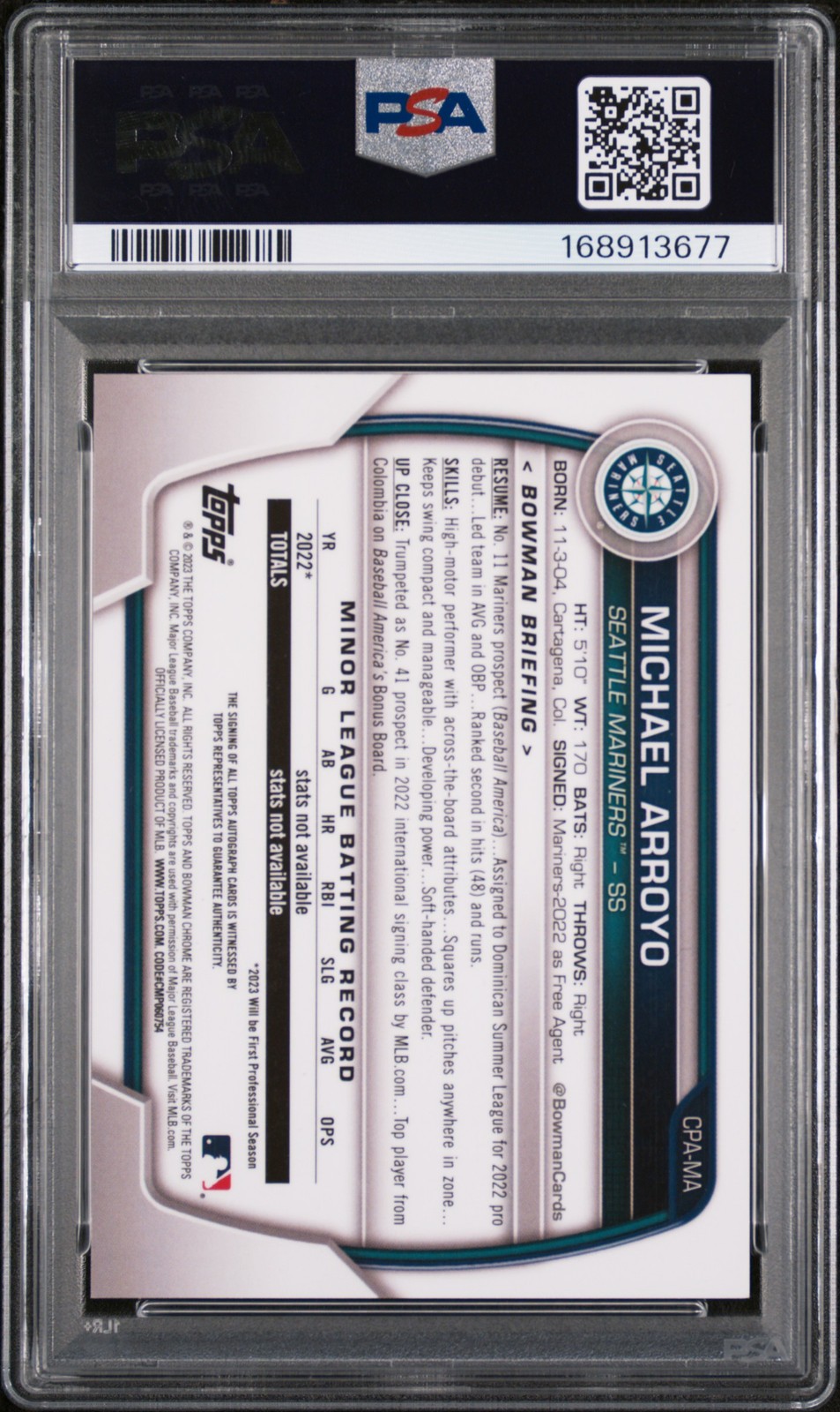 2023 BOWMAN CHROME PROSPECT AUTO GOLD REFRACTOR MICHAEL ARROYO 10/50 PSA 10 view 2
