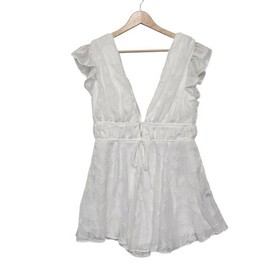 NWT Lulus White Burnout Lace Ruffle Plunge Neck Tie Waist Mini Dress Size Large