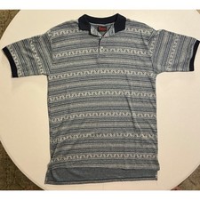 VTG USA Made Blue Aztec AOP Geometric Striped Ringer Cotton Polo Shirt Men M