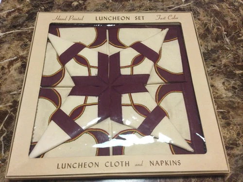 Vintage Linen Hand Printed Luncheon Cloth And Napkins Bridge Table Cloth Set
