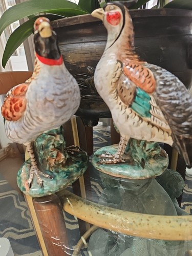 Pair Vintage Italian 8in Faience Game Bird Statues Figurines - Picture 12 of 16