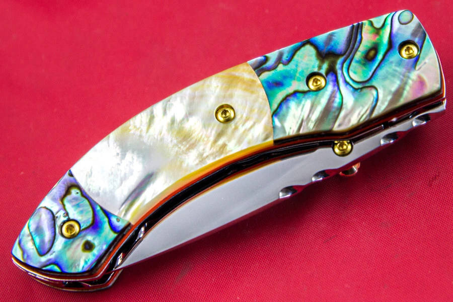 CUSTOM TS HANDMADE FOLDING KNIFE 440C DROP POINT YELLOW PEARL ABALONE AMETHYST - Image 4 of 4