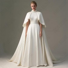 Elegant Wedding Dress Cape Sleeves Muslim Bride Satin Sweep Train High Collar