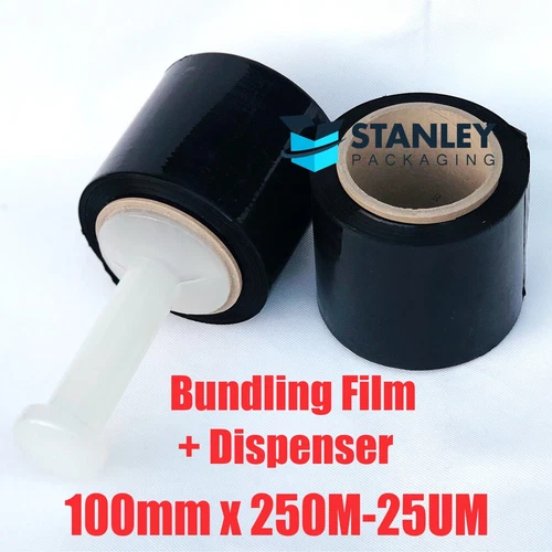 8xBundling Film 100mm x 250m Black Stretch Wrap Mini Pallet Wrapping+Dispenser