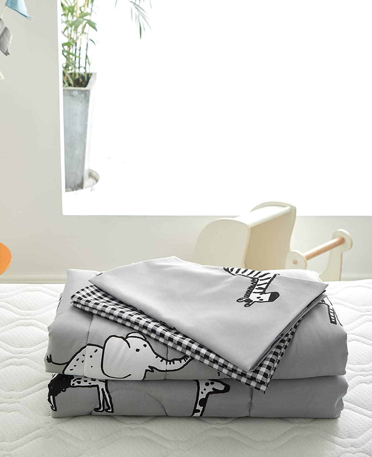 4 Piece Gray Grey Toddler Bedding Set with Multi Animals Printed for