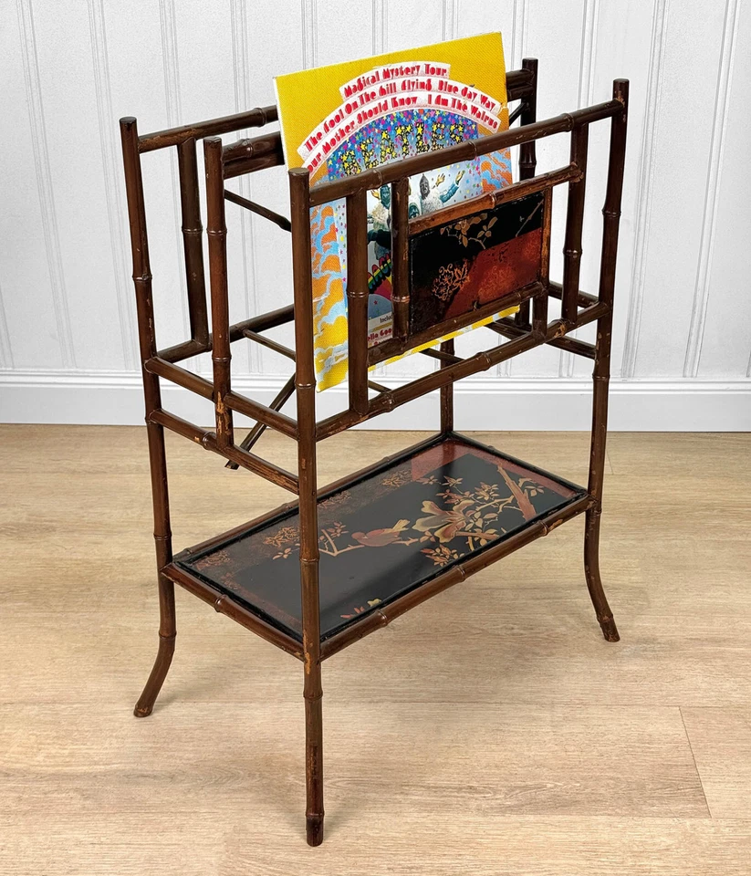 Vintage Chinese Chinoiserie Rattan Lacquered Magazine Record Stand - Image 2 of 4