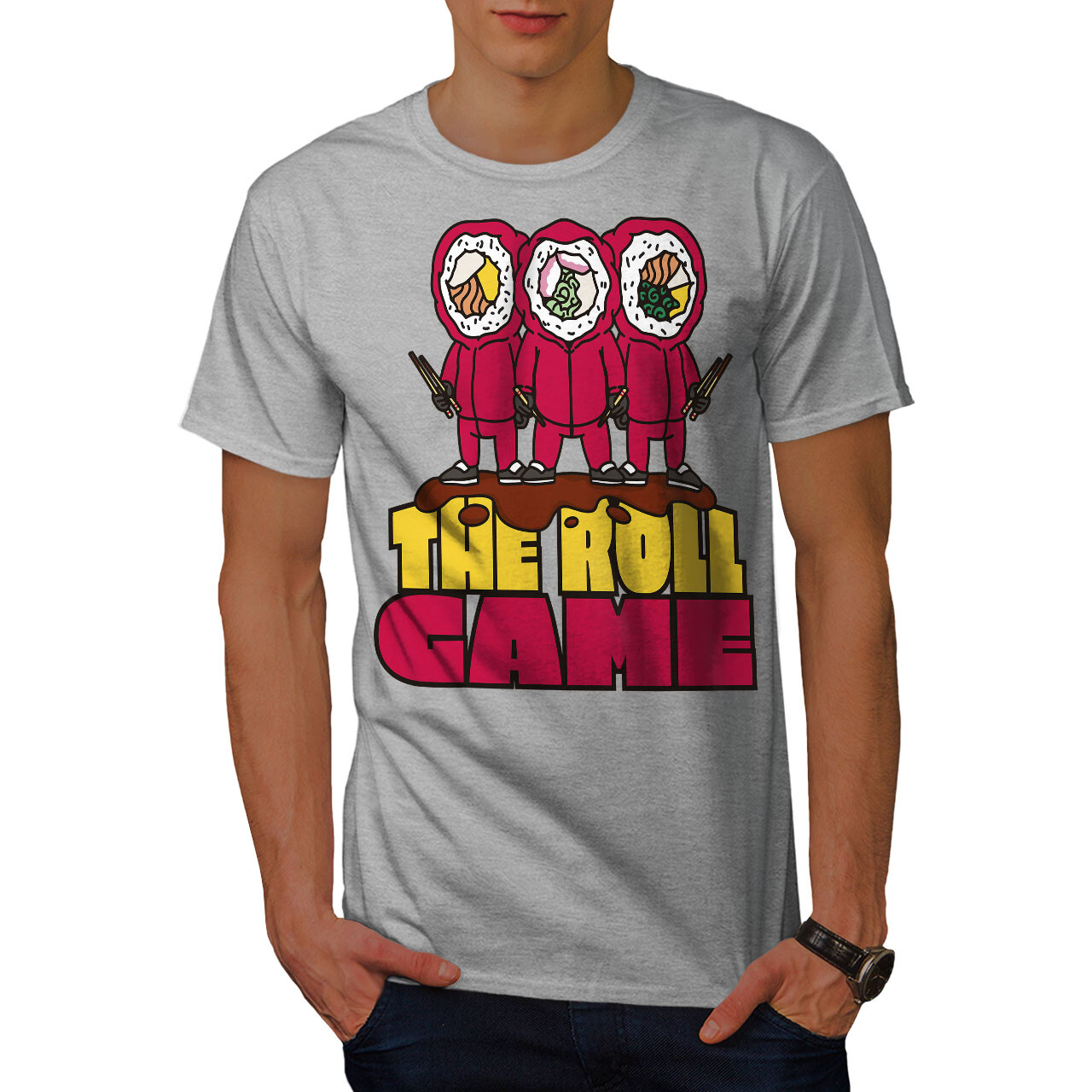 Wellcoda The Roll Game Cartoon Sushi Rollen lustiges Herren T-Shirt