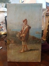 Dipinto olio su tavola - marina con pescatore - scuola napoletana - fine '800