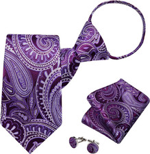 Silk Zipper Ties for Men,Paisley Solid Plaid Pre-tied Tie and Pocket Square Cuff
