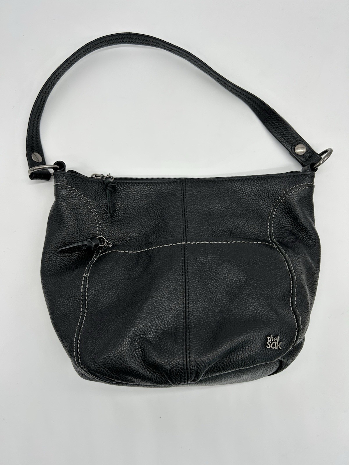 The Sak Black Leather Hobo Bag Shoulder Purse Pebbled Stitch Slouchy Medium