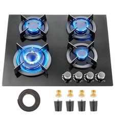 60cm Gas Hob 4 Burners Black Glass Built in Gas Cooktop Cast Iron Support NG/LPG