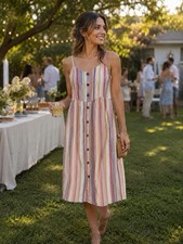 Pink Rose Striped Multicolor A-Line Midi Dress Size 4 Square Neck Sleeveless