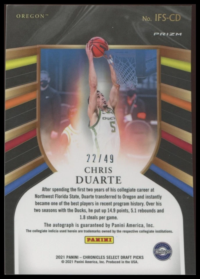 2021-22 Panini Select Chris Duarte Auto #22/49 Blue Prizm RC Autograph - Image 2 of 2