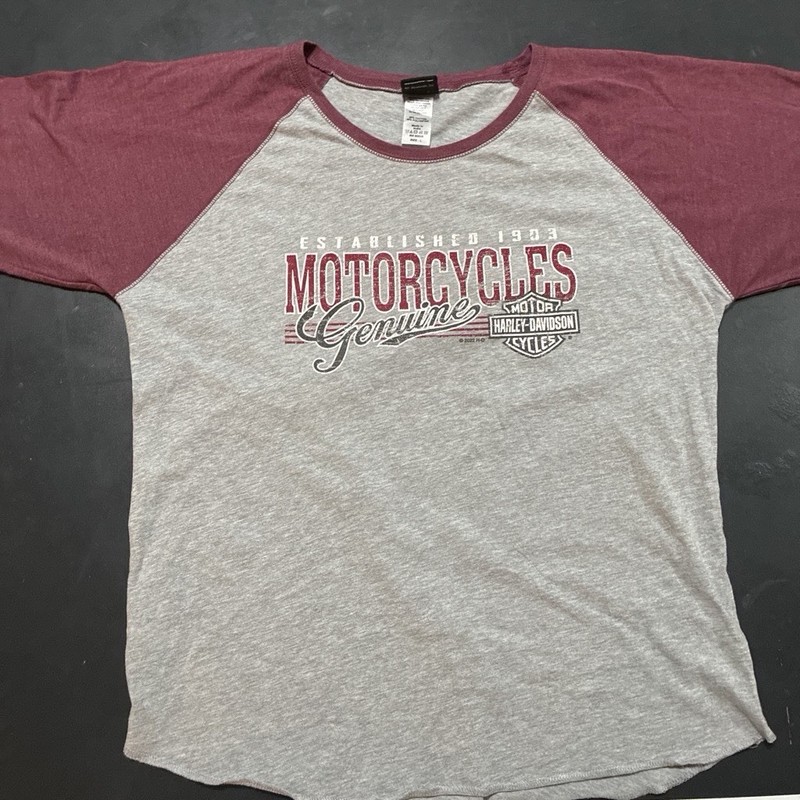 Harley-Davidson Genuine Raglan T-Shirt Size L Gray Maroon 3/4 Sleeve RN60626