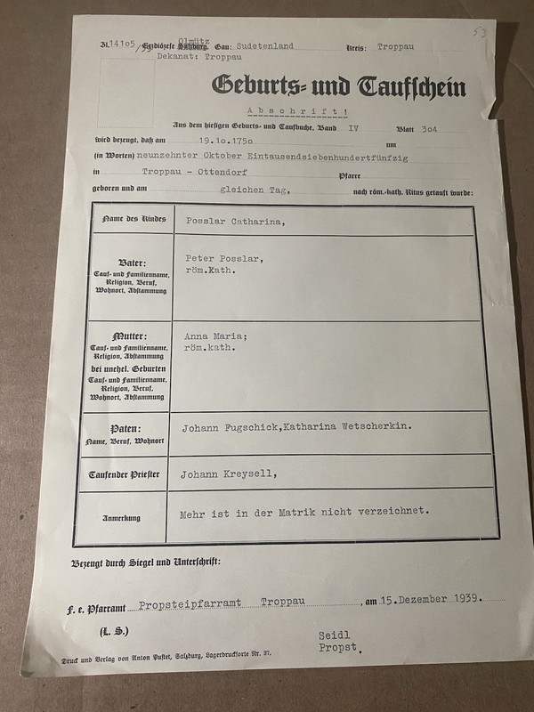 1939 German Birth & Baptism Certificate - Troppau Sudetenland Genealogy