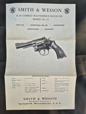 VINTAGE 1967 S&W K38 Combat Masterpiece Mod 15 Instructions Parts Spec's Bi-Fold