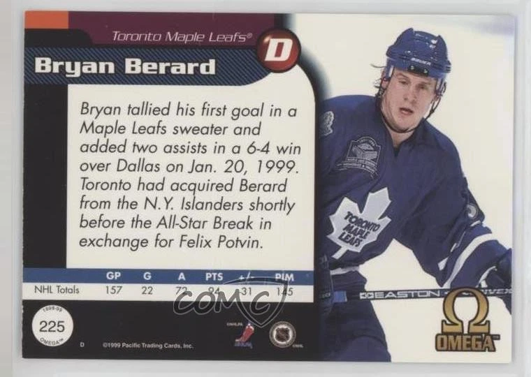 1998-99 Pacific Omega Opening Day Issue /56 Bryan Berard #225 - Image 2 of 2