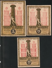 3 x Hamburg, 50+75Pfg. + 1 Mark, Brauner-Rand+weißer Sportler  , s. Bilder (A0)