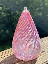 Vintage Art Glass Oil Lamp Hand Blown Iridescent Pink Swirl Font NICE!