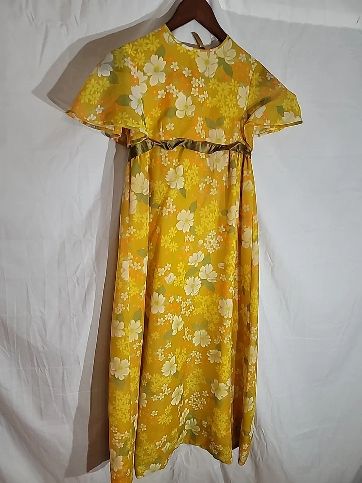 Maxi Vestido Vintage Amarillo Floral de Gasa Talla Pequeña Foto 3 de 4