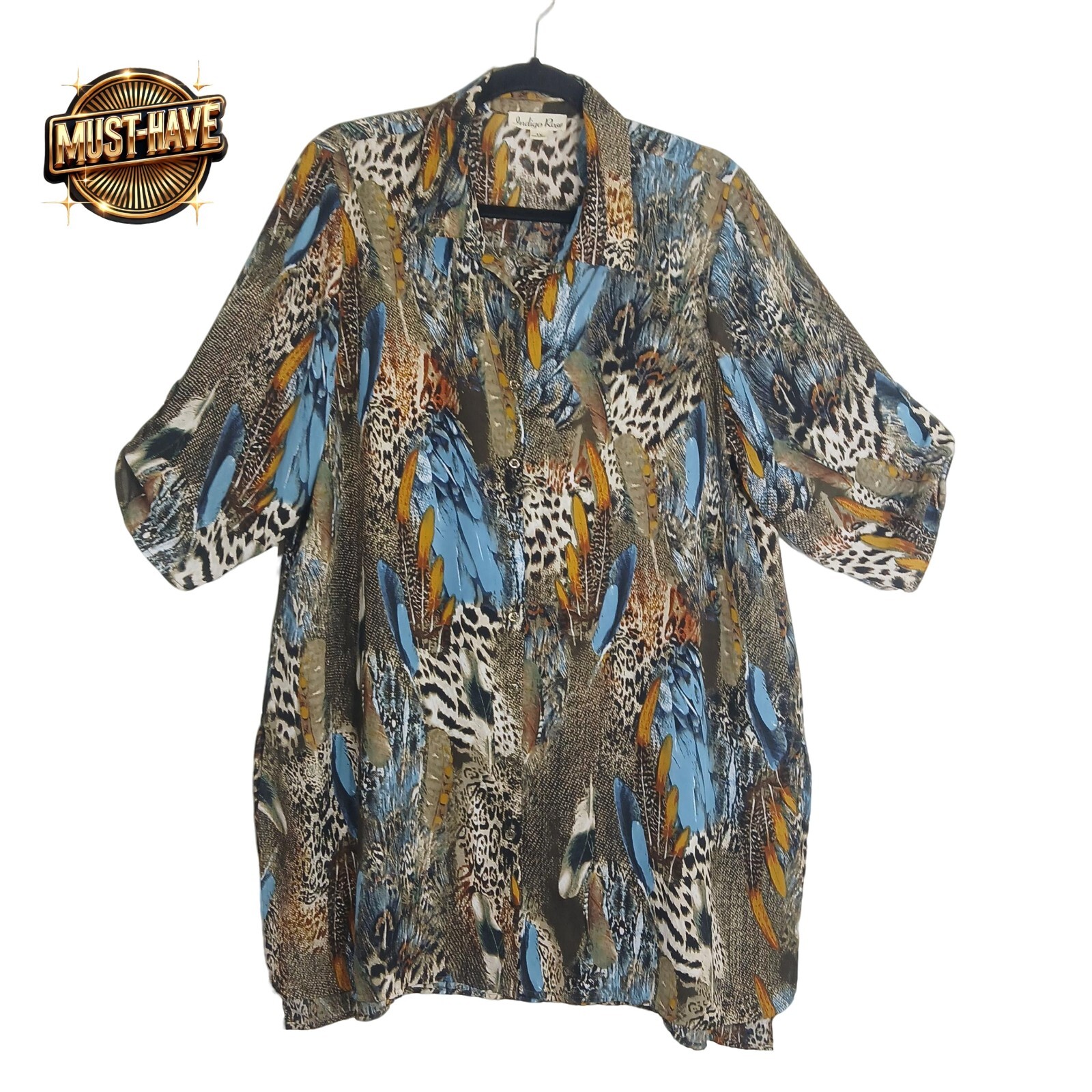 Indigo Rose 1X Animal Print Feather Blouse Button Front Sheer Boho 🦚