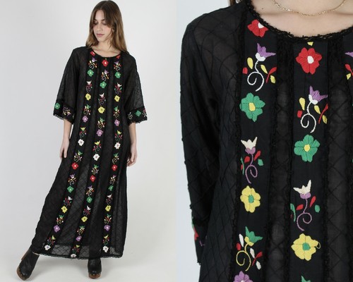 Vtg 70s Black Mexican Dress Floral 