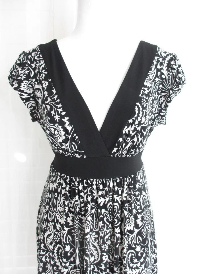 Vestido estilo boho años 70 para mujer L negro floral lazo trasero elástico hasta la rodilla cuello en V Foto 3 de 4