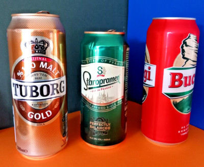 x3 LEERE BIERDOSEN 440/500ml TUBORG DÄNEMARK, STAROPRAMEN TSCHECHIEN, BUCEGI RUMÄNIEN
