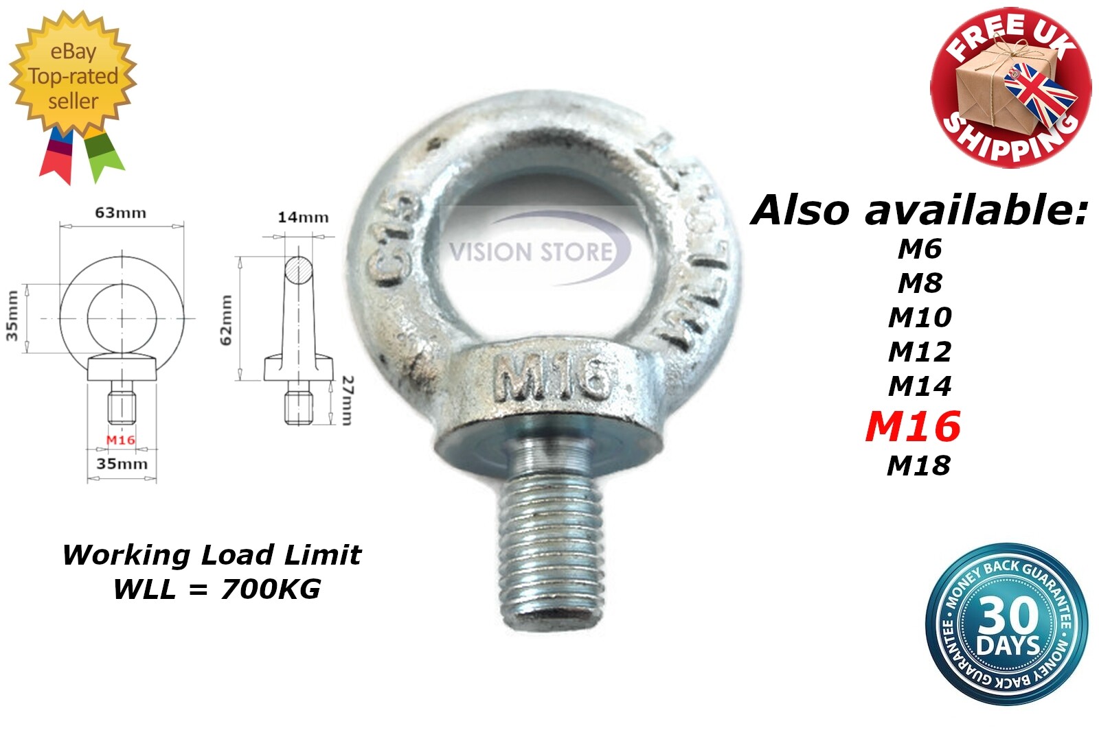 Female Threaded Eye Bolts M6 M8 M10 M12 M16 M20 Galvanized Steel Lifting Eye Nuts – Female Threaded Nut With Eye For Lifting & Rigging Galvanised Steel Eye Nuts - Foto 7