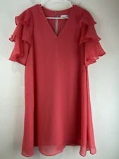 Calvin Klein Womens Pink/ Red Chiffon Sheath Ruffle Sleeve Mini Dress Size 6