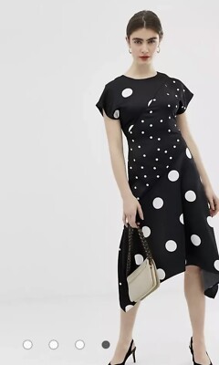 Warehouse Black White Polka Dot Hanky Hem Asymmetric Satin