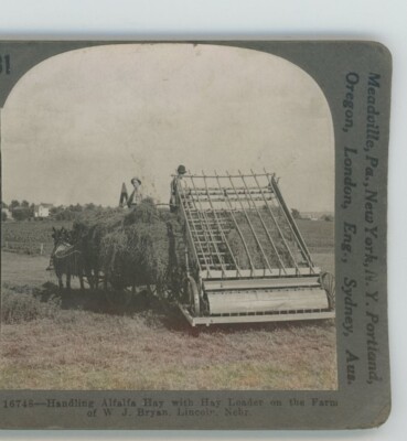 Loading Alfalda Hay Loader Lincoln Nebraska Keystone Stereoview c1900