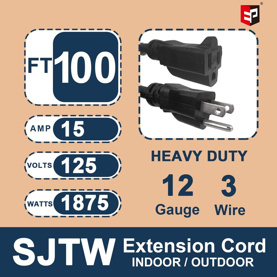 100 Ft Outdoor Extension Cord 12/3 SJTW Heavy Duty Black Extension