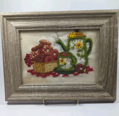 Vintage Embroidery  Crewel Donuts And Tea  Framed 70s Cottagecore Farmcore Boho