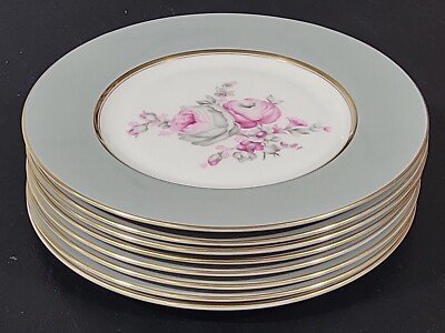 Castleton Rosemere Salad Plate 8 3/8'' Roses Gray Band Gold Trim USA Set Of 8