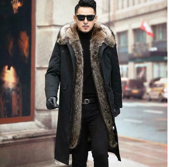 Mens Faux Mink Fur Lined long Coat Faux Fur Collar Hooded Winter Outwear  Parka