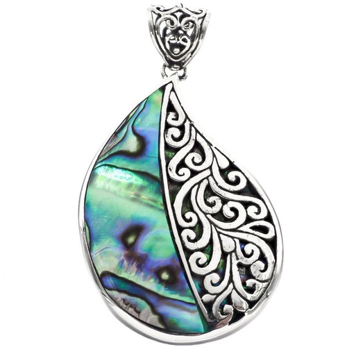 925 Sterling Silver Paua Handmade Bali Filigree Scrollwork Sterling Pendant, 2" - Picture 3 of 3