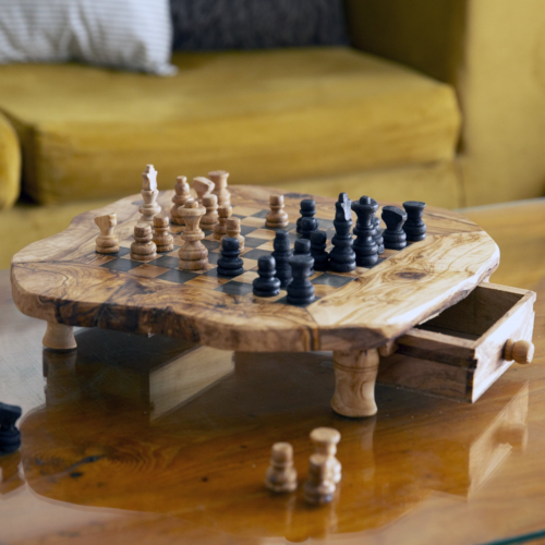 Large Handmade Olive Wood Chess Board with Storage Drawers for Playing Pieces - Picture 1 of 6